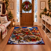 festive dinosaurs wearing winter scarves in snowy woodland area rug, holiday room view 1