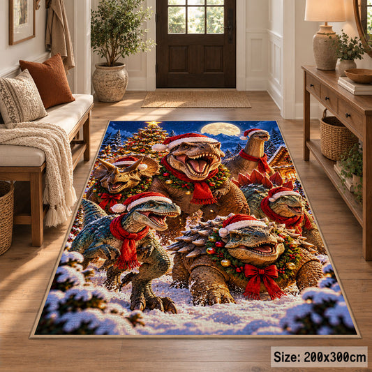 festive dinosaurs wearing winter scarves in snowy woodland area rug, holiday room view 2