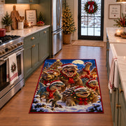 festive dinosaurs wearing winter scarves in snowy woodland area rug, holiday room view 3