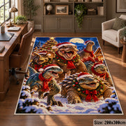 festive dinosaurs wearing winter scarves in snowy woodland area rug, holiday room view 5