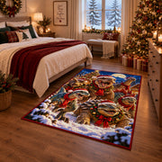 festive dinosaurs wearing winter scarves in snowy woodland area rug, holiday room view 6