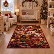 cozy puppies in scarves around Christmas gifts and lanterns area rug, holiday room view 10