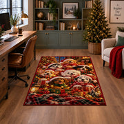 cozy puppies in scarves around Christmas gifts and lanterns area rug, holiday room view 4