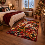 cozy puppies in scarves around Christmas gifts and lanterns area rug, holiday room view 6