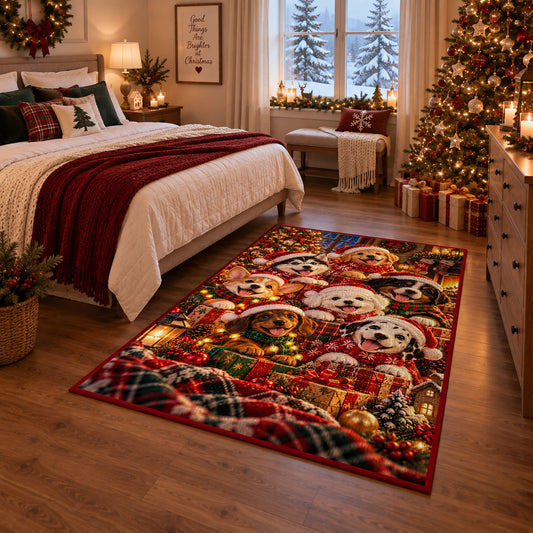 cozy puppies in scarves around Christmas gifts and lanterns area rug, holiday room view 6