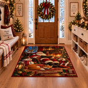 Santa relaxing by a warm fireplace with fox, snowman and gifts area rug, holiday room view 1
