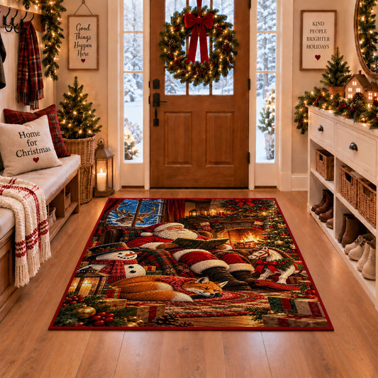 Santa relaxing by a warm fireplace with fox, snowman and gifts area rug, holiday room view 1