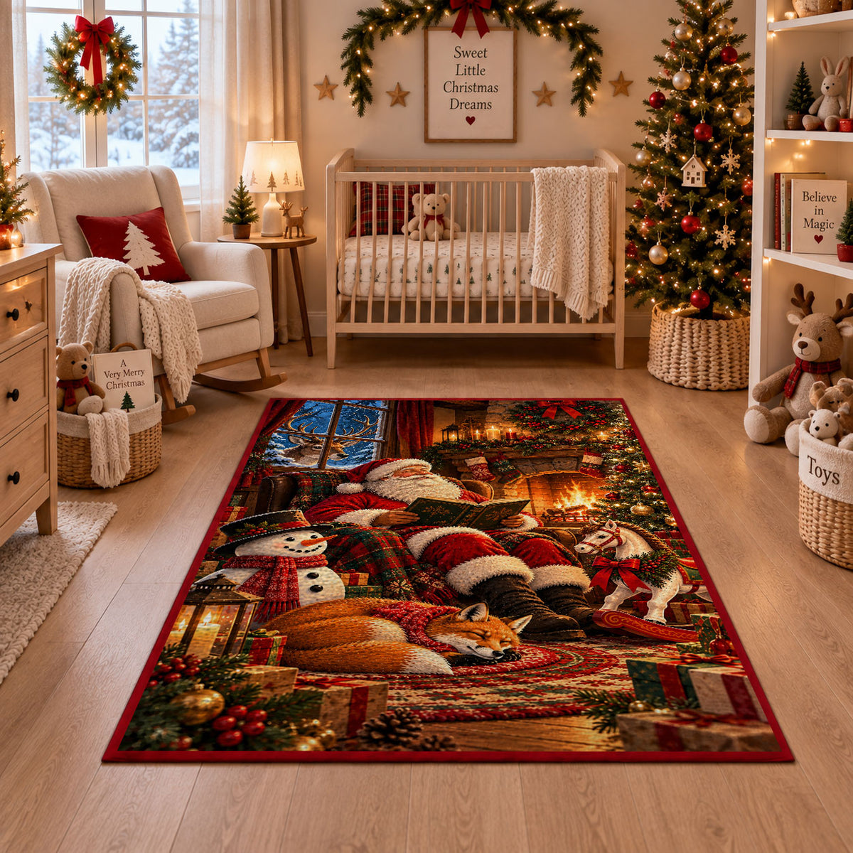 Santa relaxing by a warm fireplace with fox, snowman and gifts area rug, holiday room view 10