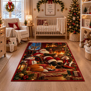 Santa relaxing by a warm fireplace with fox, snowman and gifts area rug, holiday room view 10