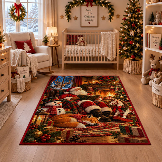 Santa relaxing by a warm fireplace with fox, snowman and gifts area rug, holiday room view 10
