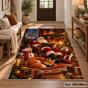 Santa relaxing by a warm fireplace with fox, snowman and gifts area rug, holiday room view 2