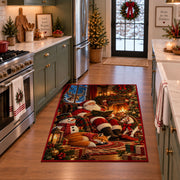 Santa relaxing by a warm fireplace with fox, snowman and gifts area rug, holiday room view 3