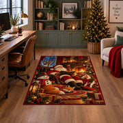 Santa relaxing by a warm fireplace with fox, snowman and gifts area rug, holiday room view 4