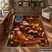Santa relaxing by a warm fireplace with fox, snowman and gifts area rug, holiday room view 5