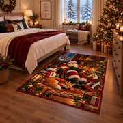 Santa relaxing by a warm fireplace with fox, snowman and gifts area rug, holiday room view 6