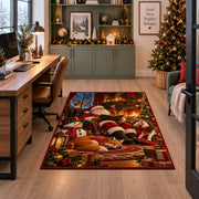 Santa relaxing by a warm fireplace with fox, snowman and gifts area rug, holiday room view 7