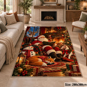 Santa relaxing by a warm fireplace with fox, snowman and gifts area rug, holiday room view 8