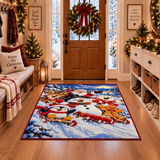 snowmen, penguins and gingerbread friends sledding through snow area rug, holiday room view 1