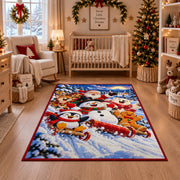 snowmen, penguins and gingerbread friends sledding through snow area rug, holiday room view 10