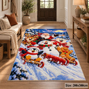 snowmen, penguins and gingerbread friends sledding through snow area rug, holiday room view 2