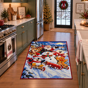 snowmen, penguins and gingerbread friends sledding through snow area rug, holiday room view 3