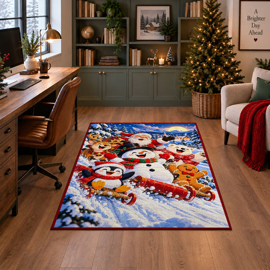 snowmen, penguins and gingerbread friends sledding through snow area rug, holiday room view 4