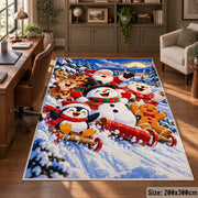 snowmen, penguins and gingerbread friends sledding through snow area rug, holiday room view 5