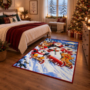 snowmen, penguins and gingerbread friends sledding through snow area rug, holiday room view 6