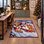 snowmen, penguins and gingerbread friends sledding through snow area rug, holiday room view 7