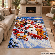snowmen, penguins and gingerbread friends sledding through snow area rug, holiday room view 8