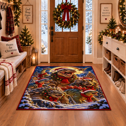 playful dinosaurs with red bows and scarves in a winter forest area rug, holiday room view 1