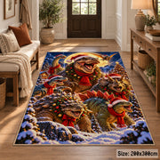playful dinosaurs with red bows and scarves in a winter forest area rug, holiday room view 2