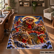 playful dinosaurs with red bows and scarves in a winter forest area rug, holiday room view 5