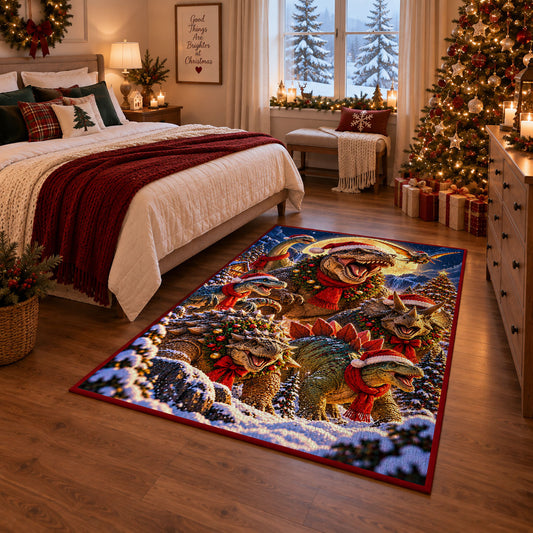 playful dinosaurs with red bows and scarves in a winter forest area rug, holiday room view 6