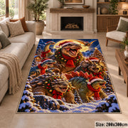 playful dinosaurs with red bows and scarves in a winter forest area rug, holiday room view 8