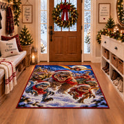 happy dinosaurs wearing Santa hats among snowy pine trees area rug, holiday room view 1