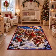 happy dinosaurs wearing Santa hats among snowy pine trees area rug, holiday room view 10