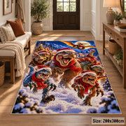 happy dinosaurs wearing Santa hats among snowy pine trees area rug, holiday room view 2