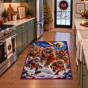 happy dinosaurs wearing Santa hats among snowy pine trees area rug, holiday room view 3