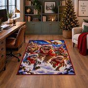happy dinosaurs wearing Santa hats among snowy pine trees area rug, holiday room view 4