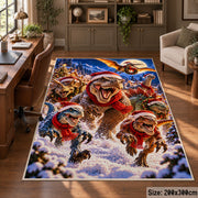happy dinosaurs wearing Santa hats among snowy pine trees area rug, holiday room view 5