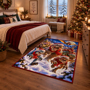happy dinosaurs wearing Santa hats among snowy pine trees area rug, holiday room view 6