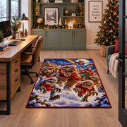 happy dinosaurs wearing Santa hats among snowy pine trees area rug, holiday room view 7