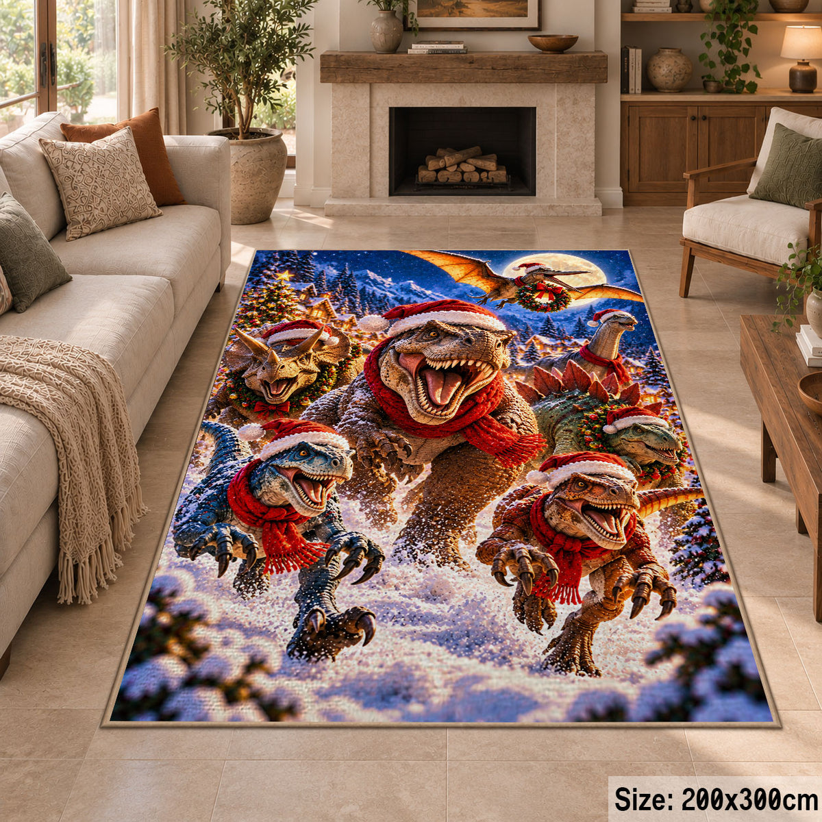 happy dinosaurs wearing Santa hats among snowy pine trees area rug, holiday room view 8