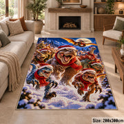 happy dinosaurs wearing Santa hats among snowy pine trees area rug, holiday room view 8
