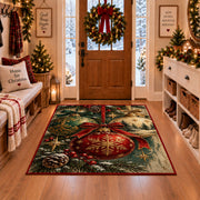 red Christmas ornament with gold snowflake and pinecones area rug, holiday room view 1