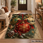 red Christmas ornament with gold snowflake and pinecones area rug, holiday room view 2