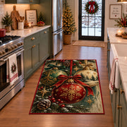 red Christmas ornament with gold snowflake and pinecones area rug, holiday room view 3