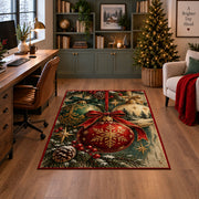 red Christmas ornament with gold snowflake and pinecones area rug, holiday room view 4