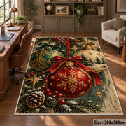 red Christmas ornament with gold snowflake and pinecones area rug, holiday room view 5